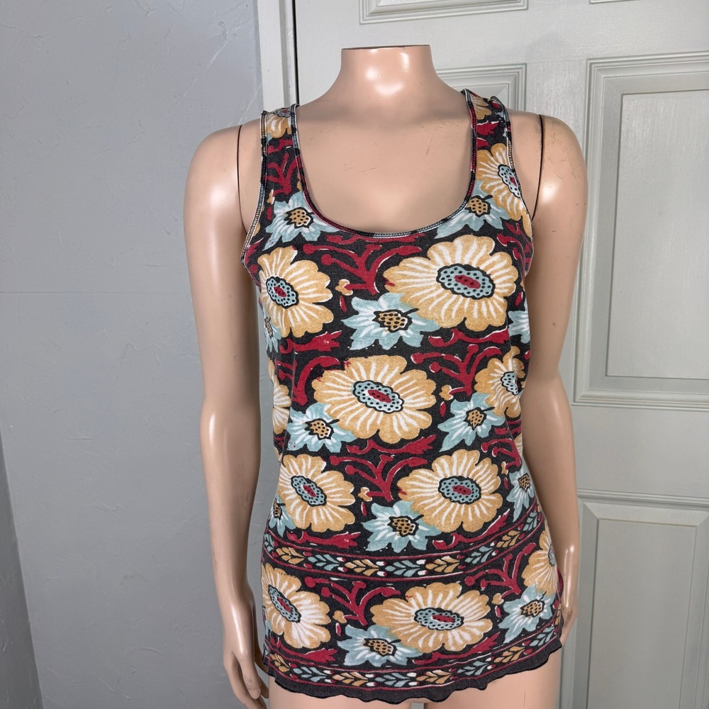 Vintage y2K Lucky Brand Tank Top Large Shirt Knit Floral Cotton L3-6